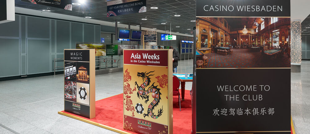 Promotionstand, Spielbank Wiesbaden, Eventbau Isingermerz, Flughafen, Frankfurt, Werkstatt, Promotion, Werbefläche