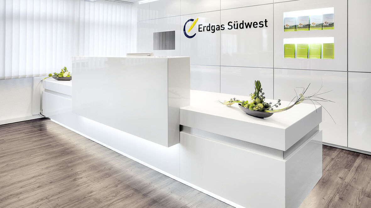 Erdgas Südwest, Thekenbau, Empfangstheke, Isingermerz, Werkstatt, Schreinerei, Empfangsbereich